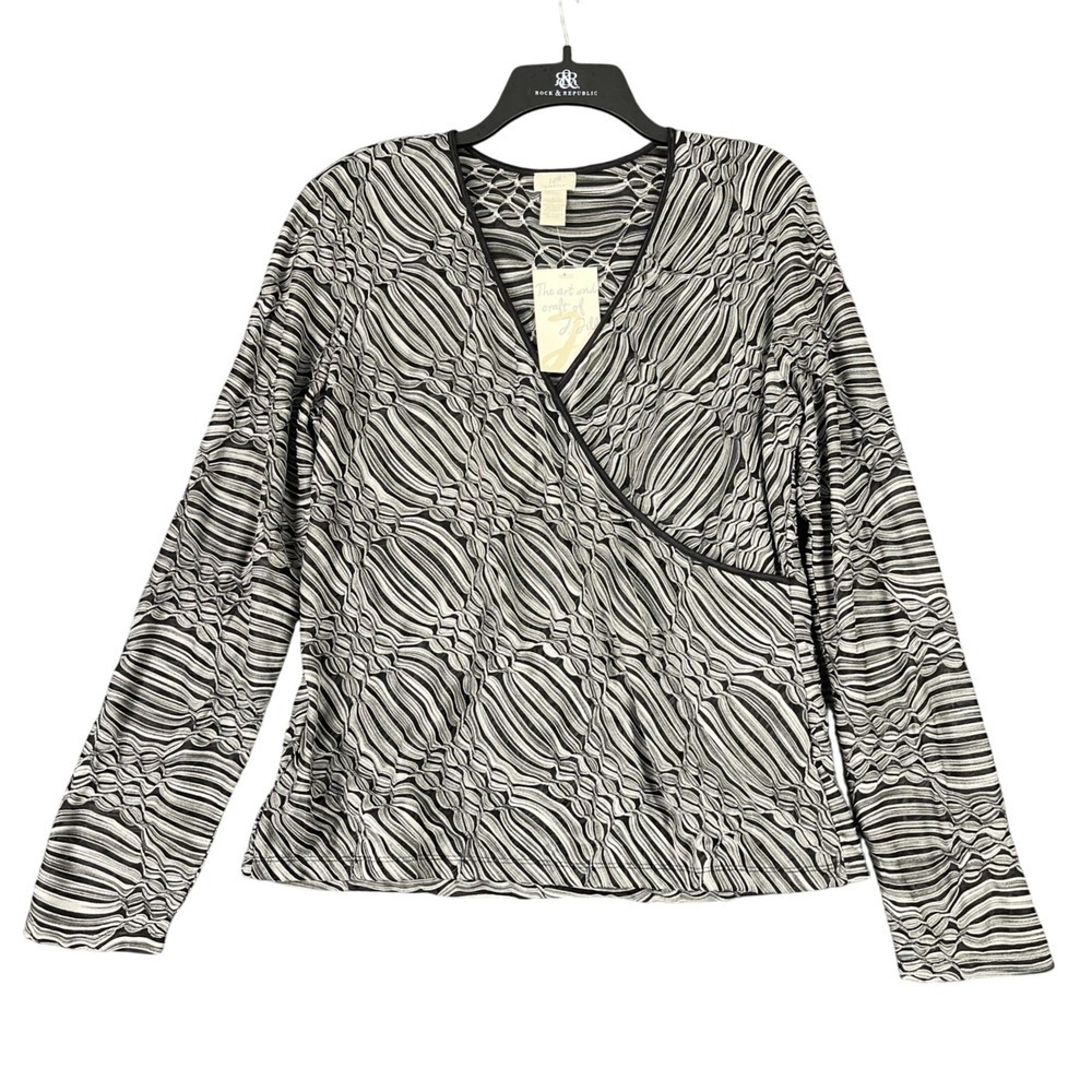 J Jill‎ Top Womens L Black Ivory Textured Stretch Knit Abstract Artisanal Modern